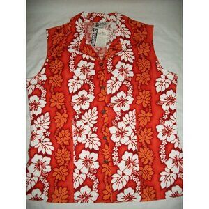 Aloha Republic Womens Hawaiian Red Orange Hibiscus Sleeveless Floral Top Size L